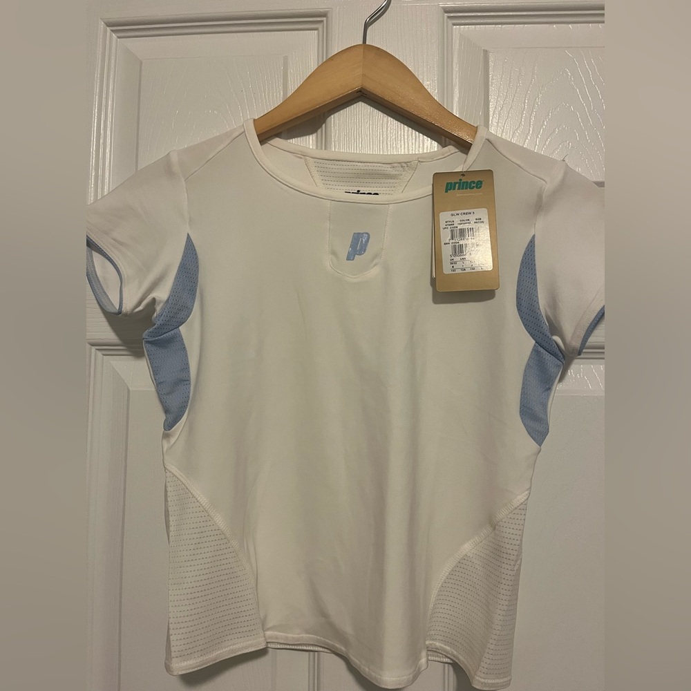 New NWT Girls Prince White Top with Blue Highlights Tennis Athletic Size 12